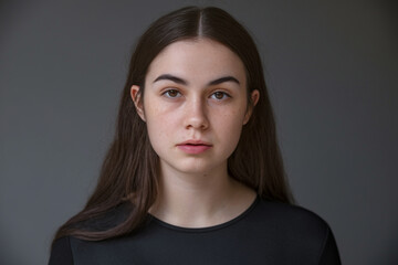A professional studio portrait against a dark gray background. The subject has long straight dark brown hair parted in the middle, wearing a simple black crew neck top. 