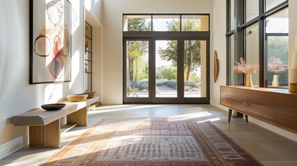 Minimalist foyer with large glass doors and white walls