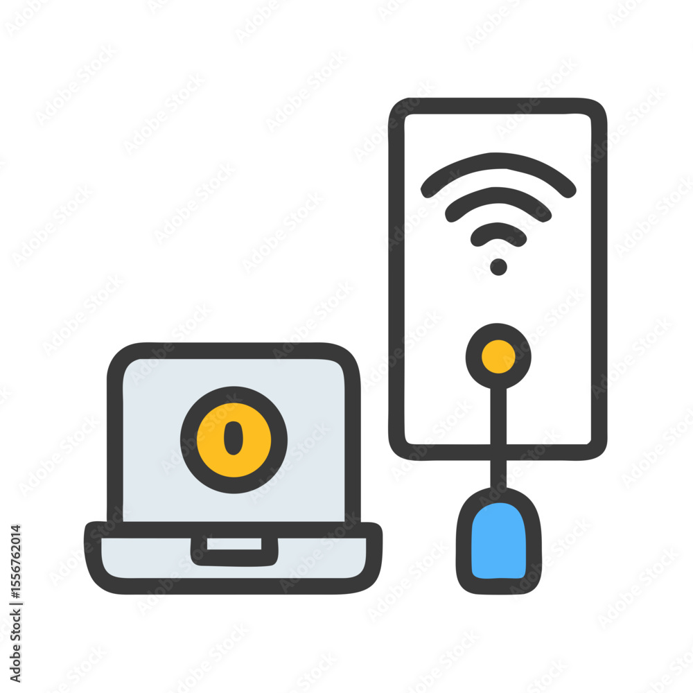 Poster laptop and wifi router connection for internet access illustration