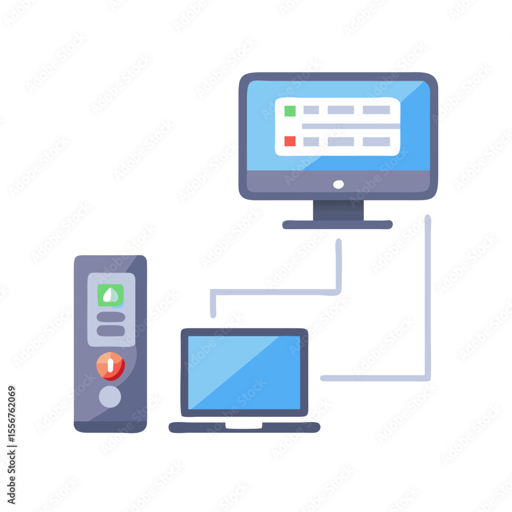 Poster network illustration depicting computer server and linked workstations