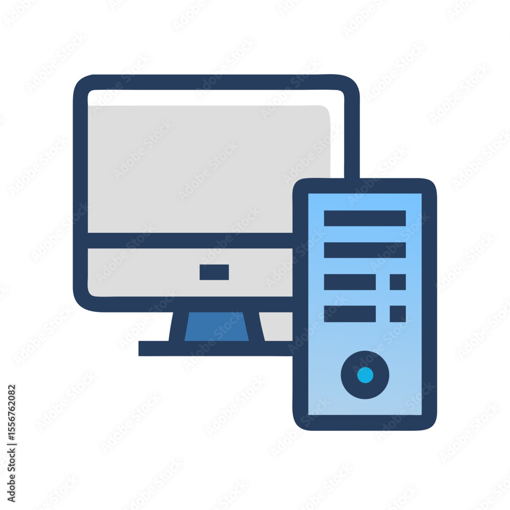 Poster stylized desktop computer and tower on a white background