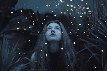 A moody nighttime portrait photograph with a mystical atmosphere. A young woman with long dark hair and a black top is looking upward at glowing orbs of light floating in the dark sky. 