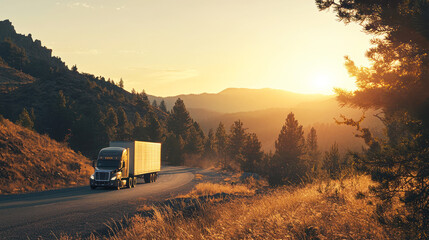 Naklejka premium A freight truck traveling on a mountain road, with the sun setting behind the vehicle and cargo.
