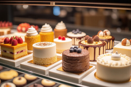 display case filled with lots of different types of cakes