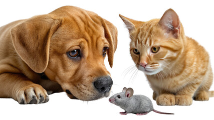A Curious Encounter: A dog and cat, their eyes locked on a tiny mouse, create a scene that captures the unexpected friendship and curiosity.