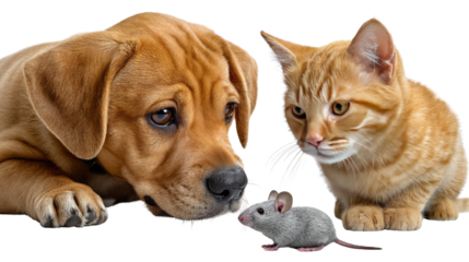 A Curious Encounter: A dog and cat, their eyes locked on a tiny mouse, create a scene that captures the unexpected friendship and curiosity.