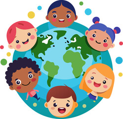 Vivid vector of children colouring a giant picture together with white background.