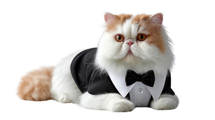 Elegant Feline: A pampered cat, attired in a smart tuxedo, gazes with an air of sophisticated serenity, embodying the epitome of feline class and charm.