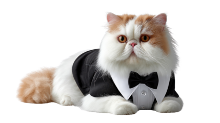 Elegant Feline: A pampered cat, attired in a smart tuxedo, gazes with an air of sophisticated serenity, embodying the epitome of feline class and charm.