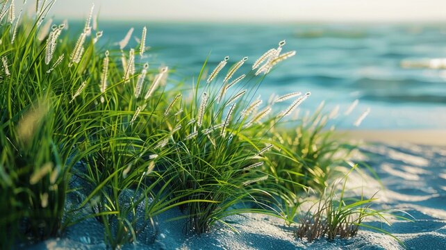 Ocean view through beach grass on sunny coast