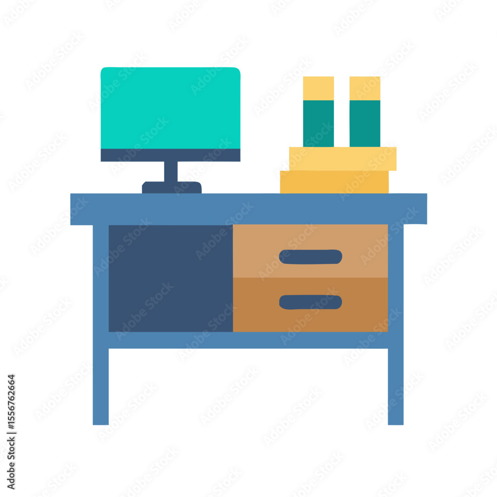 Poster simple desk with computer and books in flat style