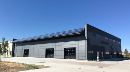 Solar panel array on an industrial building with clear blue sky in the background.
