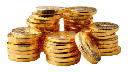 Pile of Gold Coins: A close-up view of a golden coin tower, representing wealth, prosperity, and financial success. Captures the glint of the golden coins in a photorealistic view. 