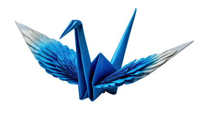 Origami Crane: A captivating view of a vibrant, blue origami crane, its delicate paper folds gracefully transforming into a symbol of peace and hope.