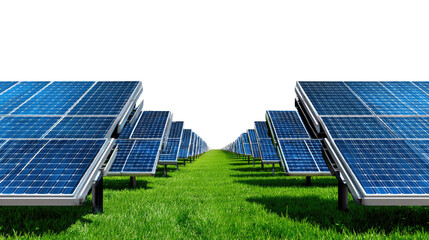 Solar Energy Array: An array of photovoltaic panels are gracefully arranged amidst a vibrant green field, representing clean energy and environmental sustainability.