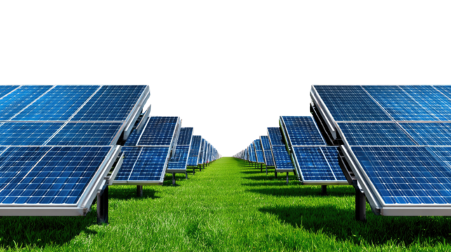 Solar Energy Array: An array of photovoltaic panels are gracefully arranged amidst a vibrant green field, representing clean energy and environmental sustainability.