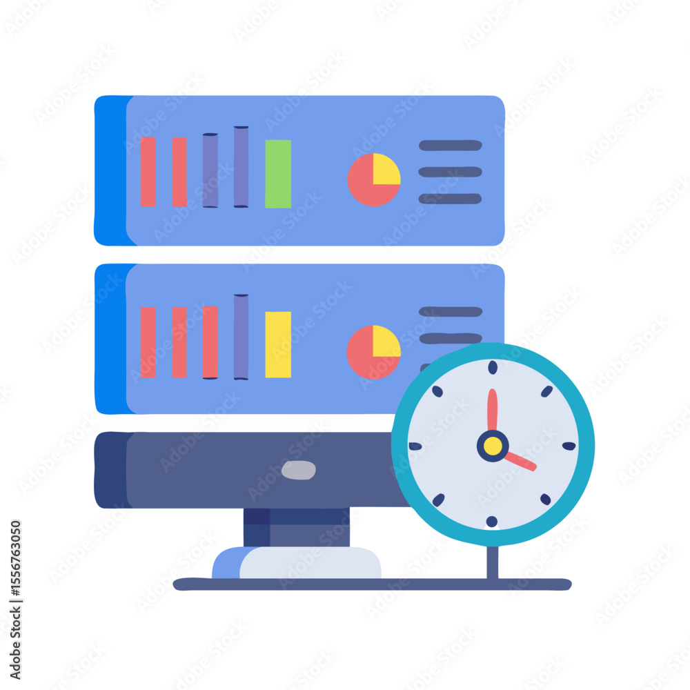 Poster server analytics monitoring with clock illustration in vector design