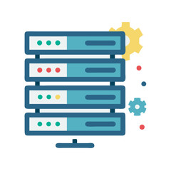 Obraz premium Blue server with colored dots and gears icon graphic