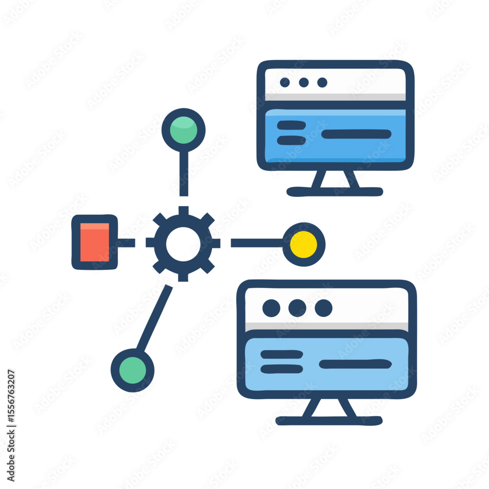 Poster networked computers flat illustration for communication and data exchange