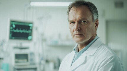 A focused senior Caucasian male doctor in a white coat poses confidently in a clinical setting, embodying professionalism and expertise in healthcare and patient care.