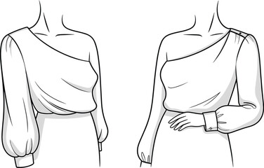 One shoulder blouse flat sketch, fashion design for women, long sleeve style top, technical cad front view template drawing