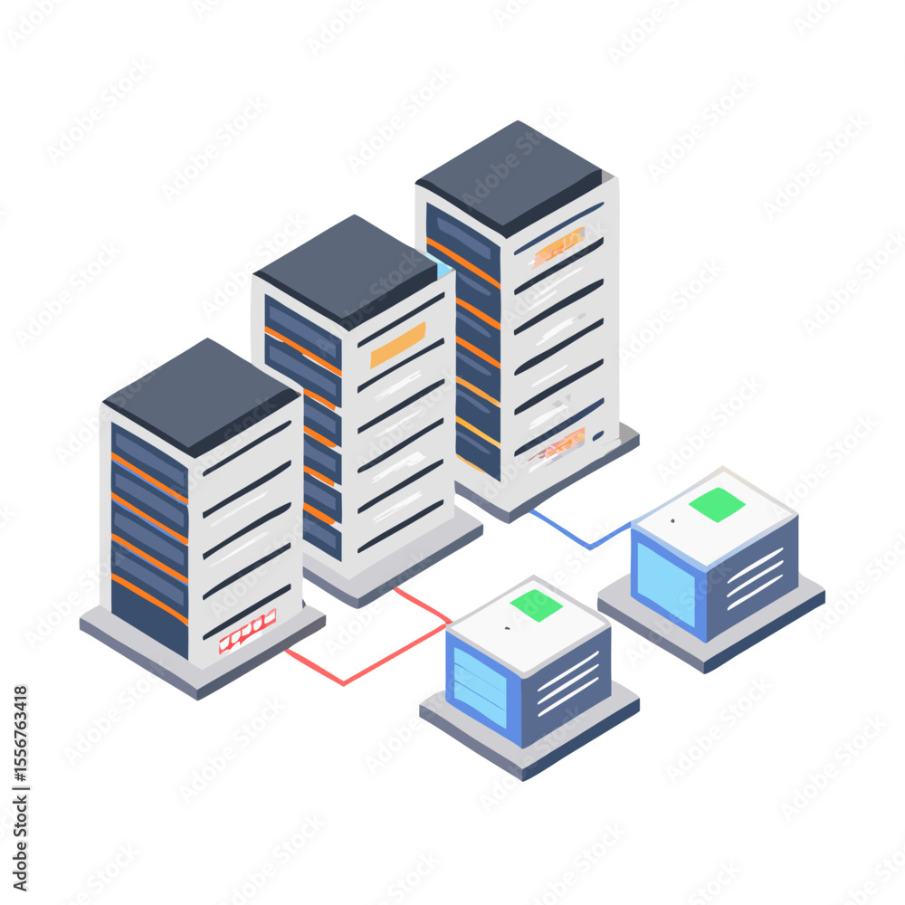 Poster isometric server rack system on white background visualization