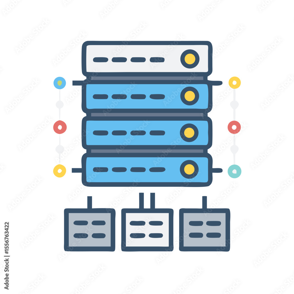 Poster network server rack with connected databases in flat design