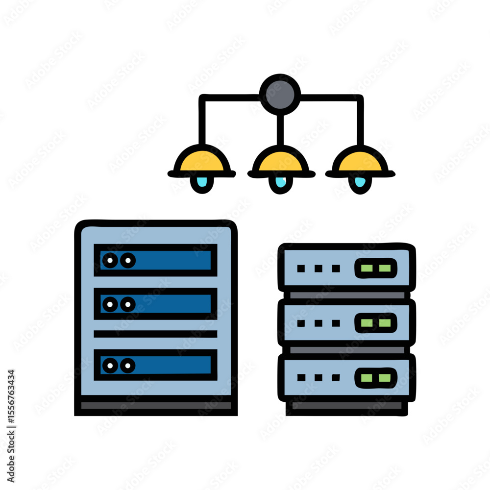 Poster network server rack with database and cloud connection icon