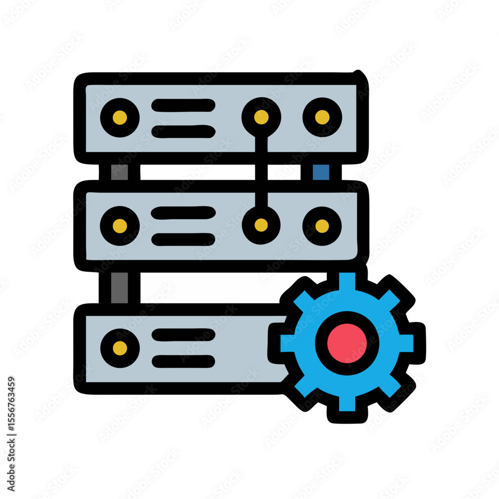 Poster server stack with gear symbolizes configuration management, flat design