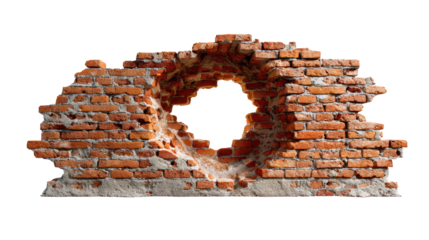 Fragmented Resilience: A weathered brick wall, marked by a circular hole, stands as a testament to endurance and the passage of time, embodying stories of strength and vulnerability.