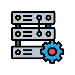 Server stack with gear symbolizes configuration management, flat design