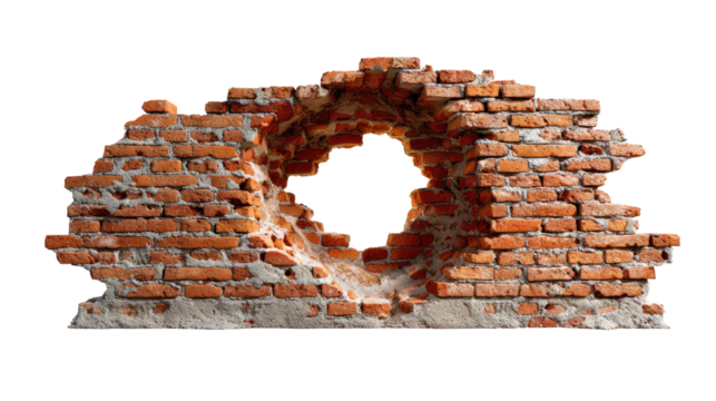 Fragmented Resilience: A weathered brick wall, marked by a circular hole, stands as a testament to endurance and the passage of time, embodying stories of strength and vulnerability.