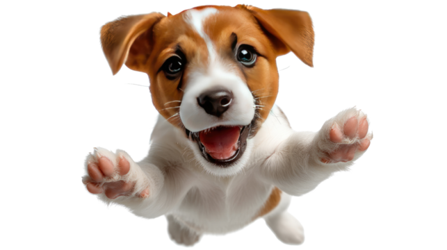 Jack Russell Terrier in Mid-Air: A playful Jack Russell Terrier puppy is captured mid-air in a dynamic shot, displaying its joy and boundless energy through its infectious smile and outstretched paws.