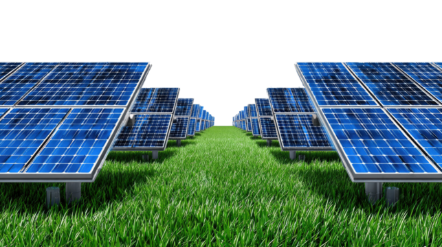 Solar Panels in Field: Sustainable energy is harnessed through rows of pristine solar panels, neatly arranged amidst vibrant green grass, against a backdrop of clear skies.