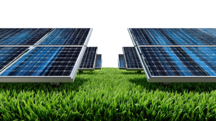 Solar Panels on Grass: A close-up shot highlighting the sustainable energy solution with solar panels arranged on vibrant green grass, symbolizing renewable energy.