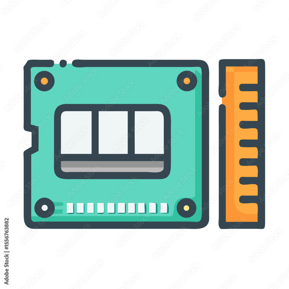 Poster illustration of computer cpu with ram module, simple line art