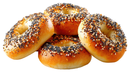 Artisan Bagel Delight: A quartet of golden, freshly baked bagels, generously adorned with a medley of sesame seeds, poppy seeds, and savory spices, inviting a tantalizing taste experience.