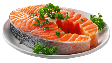 Culinary Delight: A fresh, vibrant salmon steak, artfully arranged on a pristine white plate, garnished with fresh green herbs, offering a glimpse into a delightful dining experience.