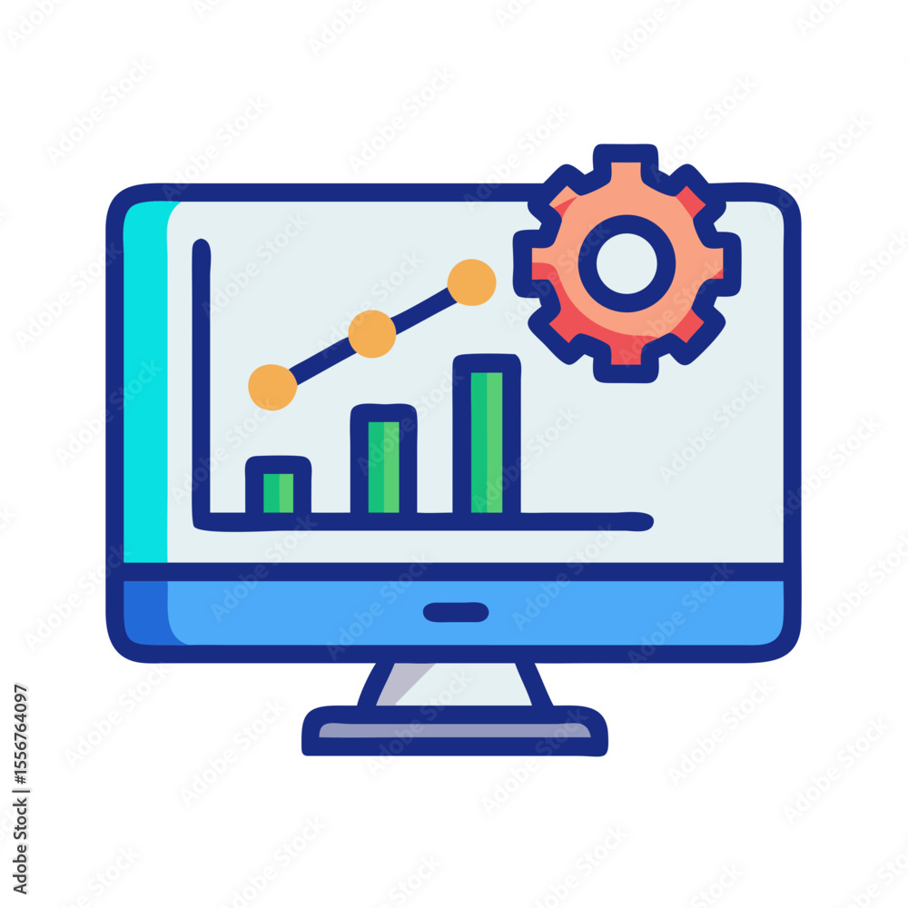 Poster computer screen displaying data chart with gear icon vector