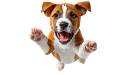 Joyful Pup: A lively young dog is captured mid-air, with an exuberant expression, showcasing an intense leap, embodying freedom and pure joy.