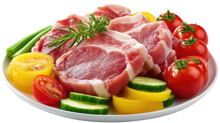 Fresh Cuts & Colorful Veggies: A tantalizing close-up shot of an assortment of raw meat cuts is artfully arranged alongside a vibrant array of fresh, colorful vegetables