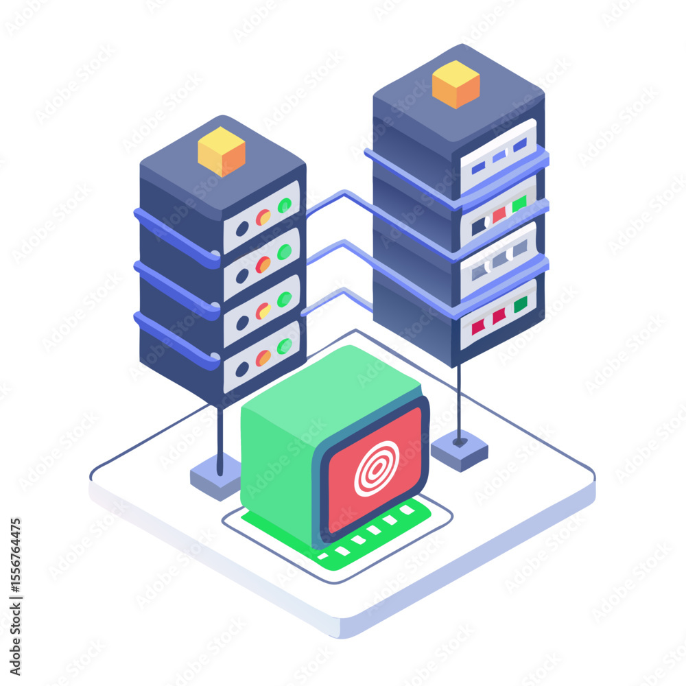 Poster isometric data servers and terminal representing network infrastructure concept