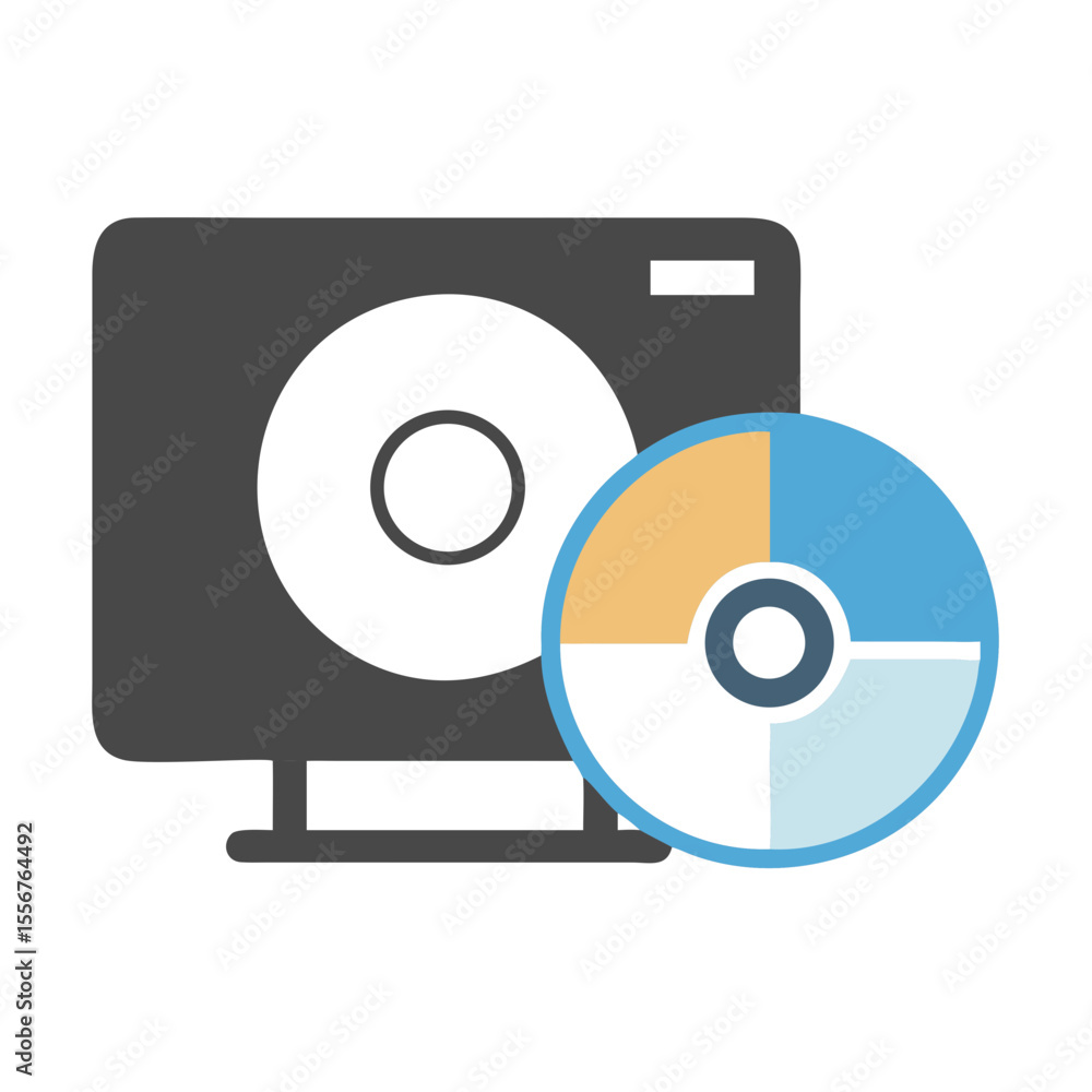 Poster stylized computer and data disc on a white background