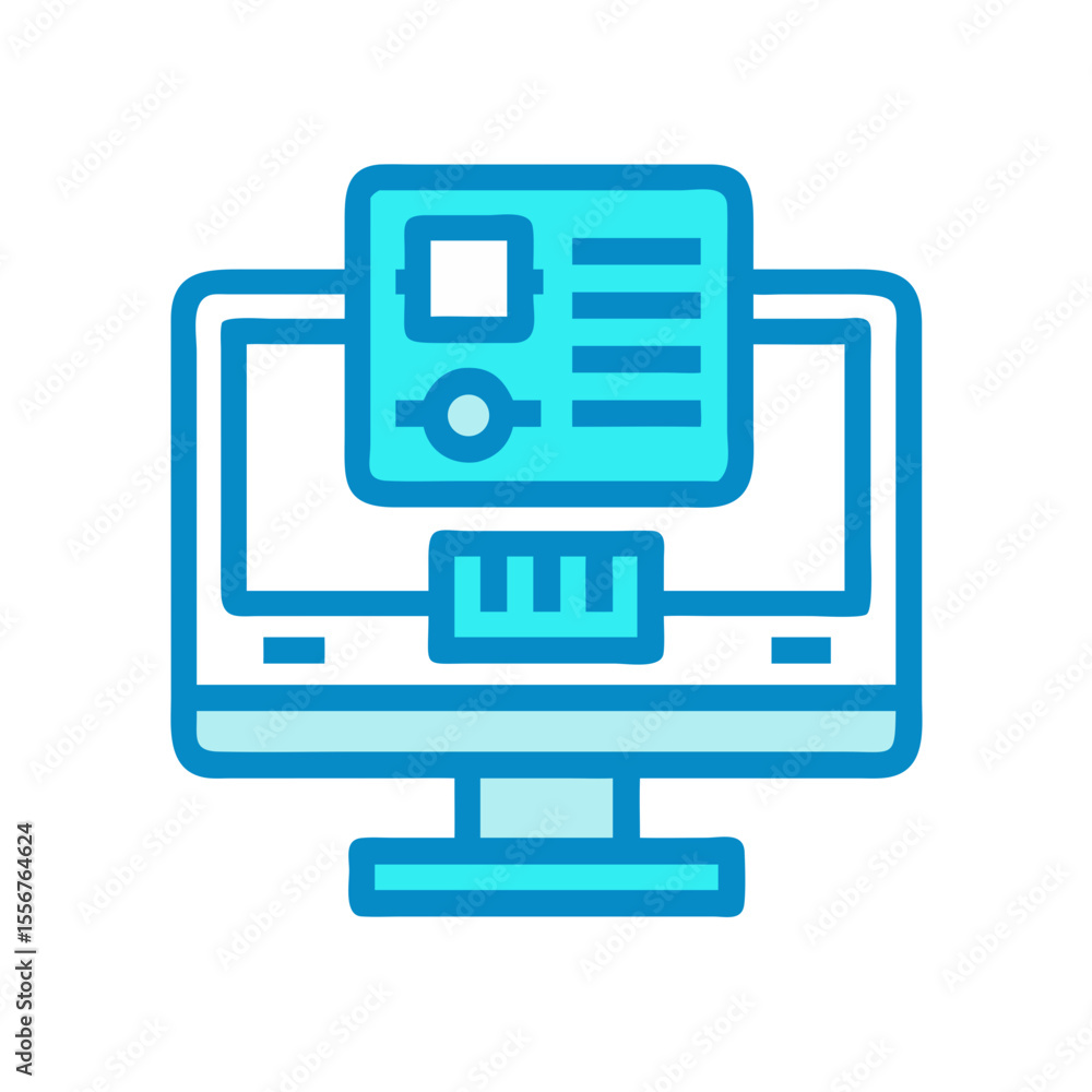 Poster blue computer screen graphic depicting data flow process icon