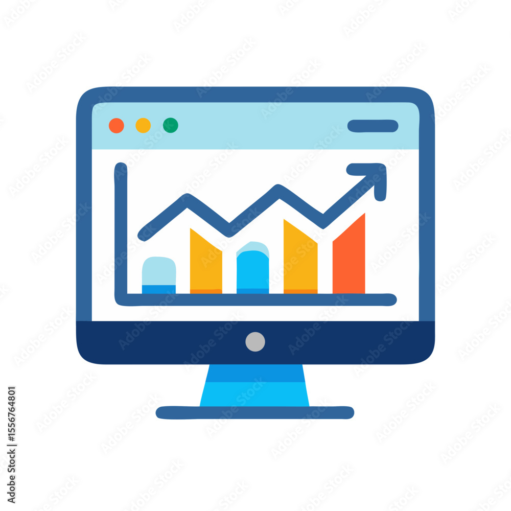 Poster computer display showing growth graph in flat design style