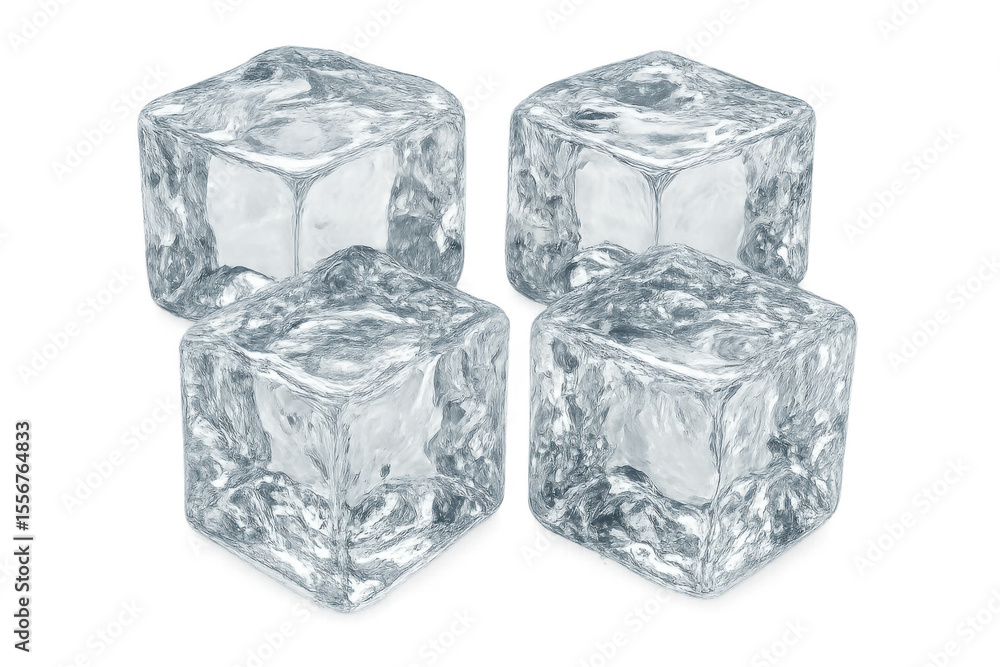Poster melting ice cubes with transparent background, realistic rendering for seamless beverage image compo