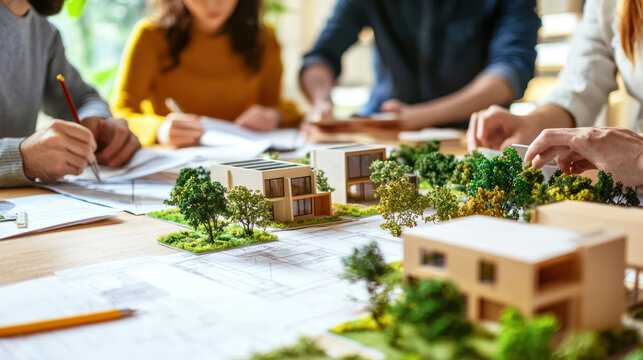 A group of architects reviewing models for a housing project with eco-friendly designs.