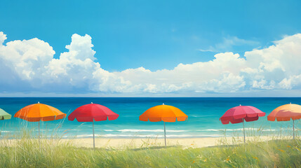 A clam and peaceful scene with beautiful row of summer amberrla 