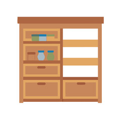 Stylized illustration of wooden cabinet with shelves and drawers