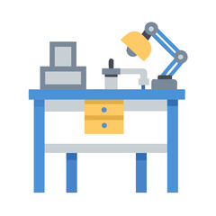 Stylized illustration of work desk with lamp and tools